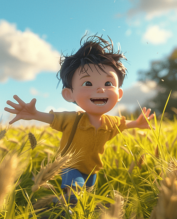 男孩正开心地在麦田中奔跑，夏日的阳光洒在麦浪间，映衬出无限生机。