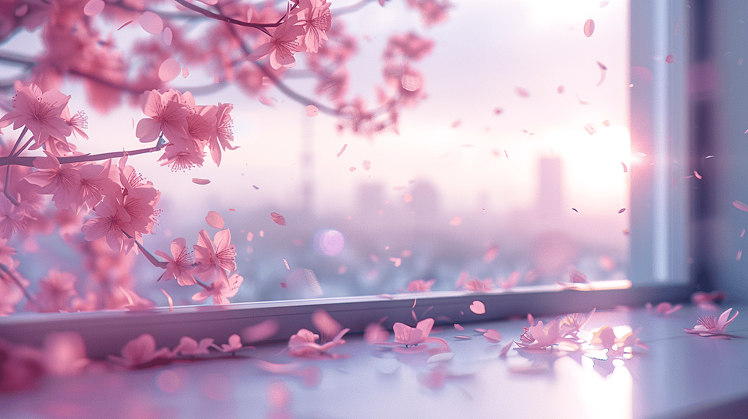 窗外盛开的樱花树与窗台上的粉红色樱花瓣形成了一幅温柔的画面