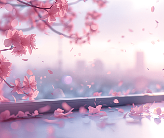窗外盛开的樱花树与窗台上的粉红色樱花瓣形成了一幅温柔的画面