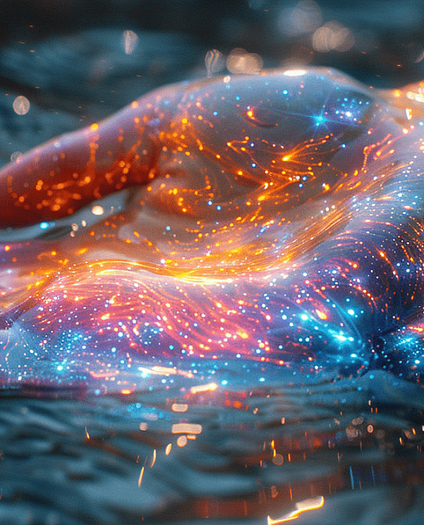 一双透明的玻璃手拖动着彩色的银河粒子，创造出一种超现实的视觉效果。