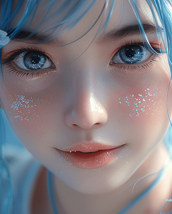 一位小女孩，脸上有着璀璨的蓝色妆容，仿佛是星空下的小精灵。