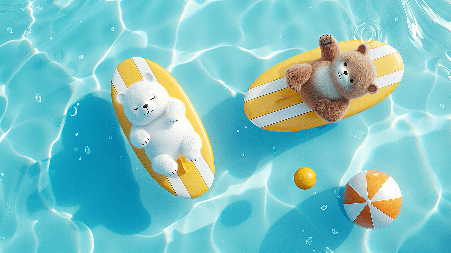 一只白色的北极熊和棕色的胖猫，在悠闲地躺在游泳池中晒太阳