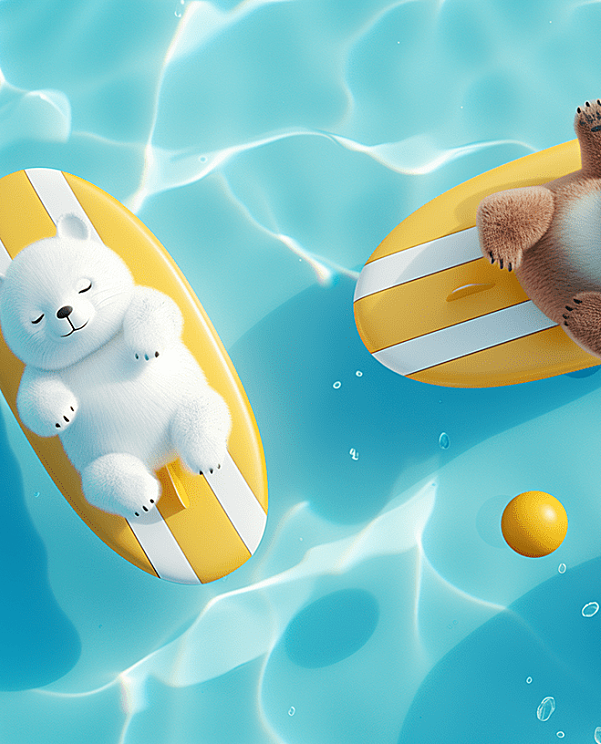 一只白色的北极熊和棕色的胖猫，在悠闲地躺在游泳池中晒太阳